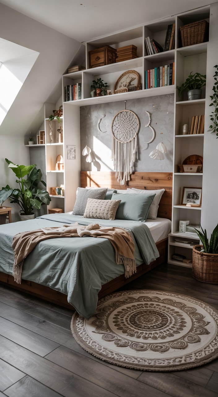 Bohemian Bedroom Ideas with Built-in Shelving and Dreamcatcher Decor