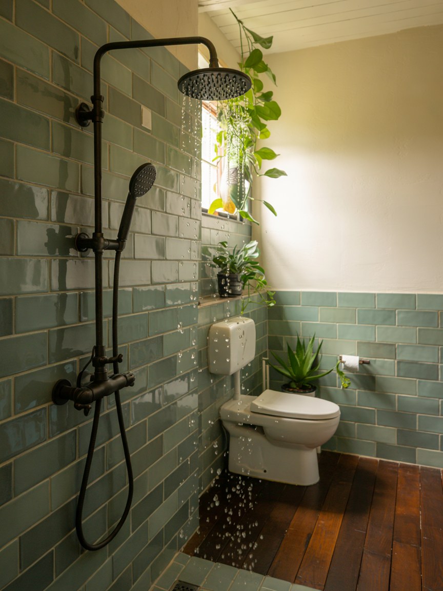 Modern Spa Bathroom Ideas with Black Fixtures and Green Tile Design