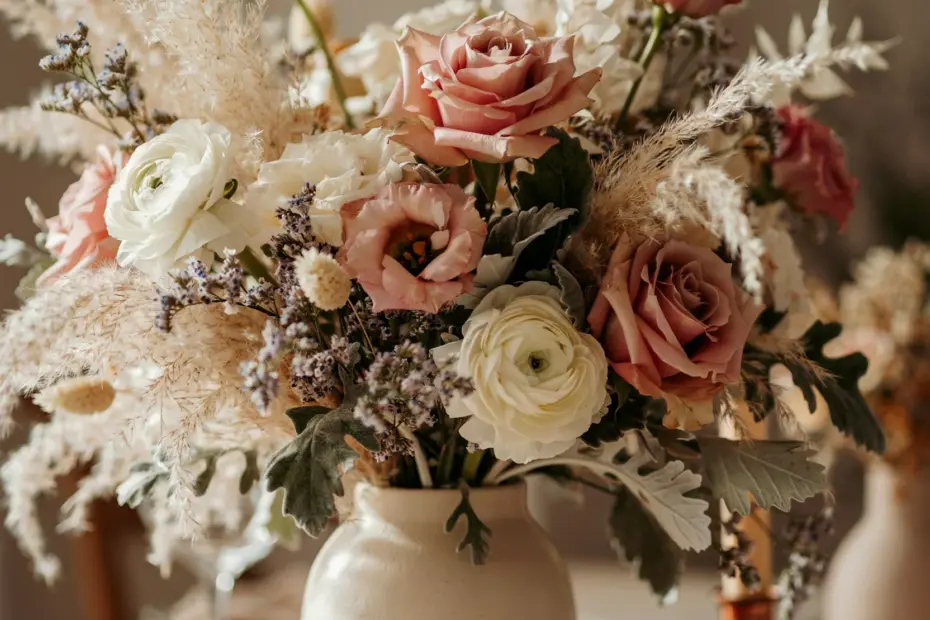 Copper accent wedding centerpiece for blue and orange wildflower theme | Elegant table decor