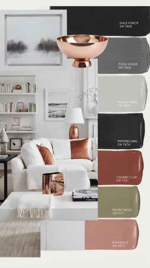 Copper Living Room Accents | Warm Earthy Color Palette with Sherwin-Williams Neutrals