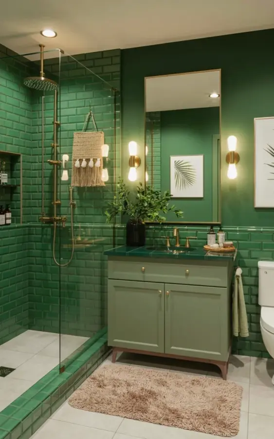 Green subway tile bathroom ideas – mixing emerald, sage, and brass