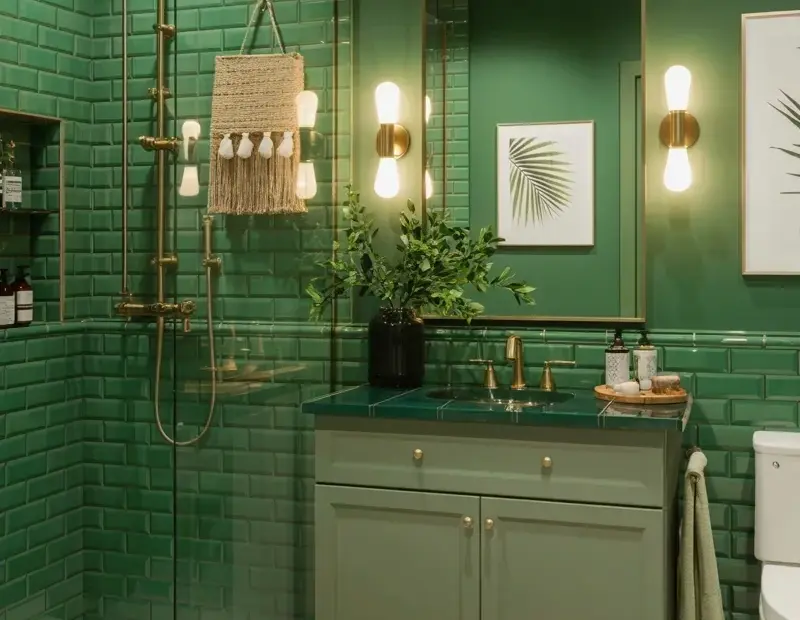 Green subway tile bathroom ideas – mixing emerald, sage, and brass
