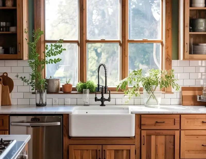 Cozy Modern Farmhouse Kitchen with Sage Green Walls & Brass Lights