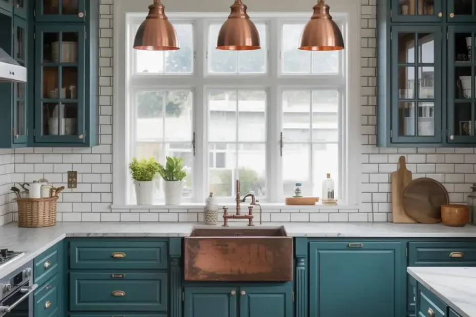 Teal Kitchen Cabinets Transformation | Modern Farmhouse Before & After with Copper Accents