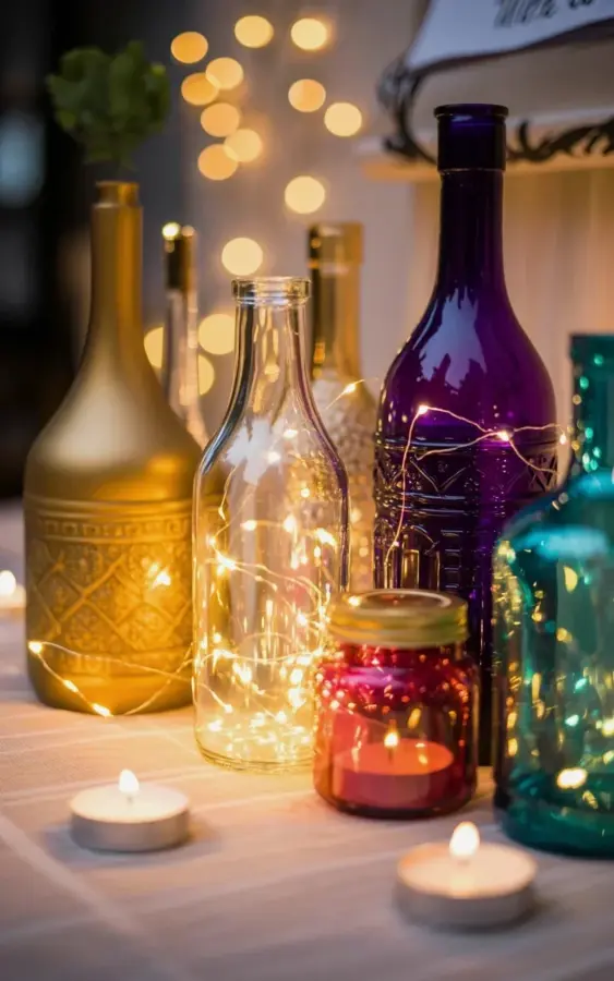 Fairy lights in glass bottles | Cozy home decor with warm golden glow