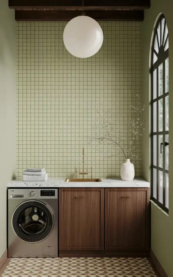Sage Green Tile Laundry Room with Brass Handles & Copper Tones