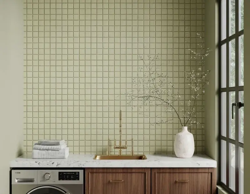 Sage Green Tile Laundry Room with Brass Handles & Copper Tones