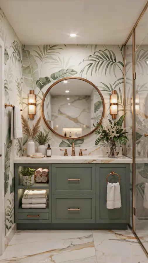 Green Bathroom with Copper Accents | 28 Modern Vintage Design Ideas | Copper Home Decor