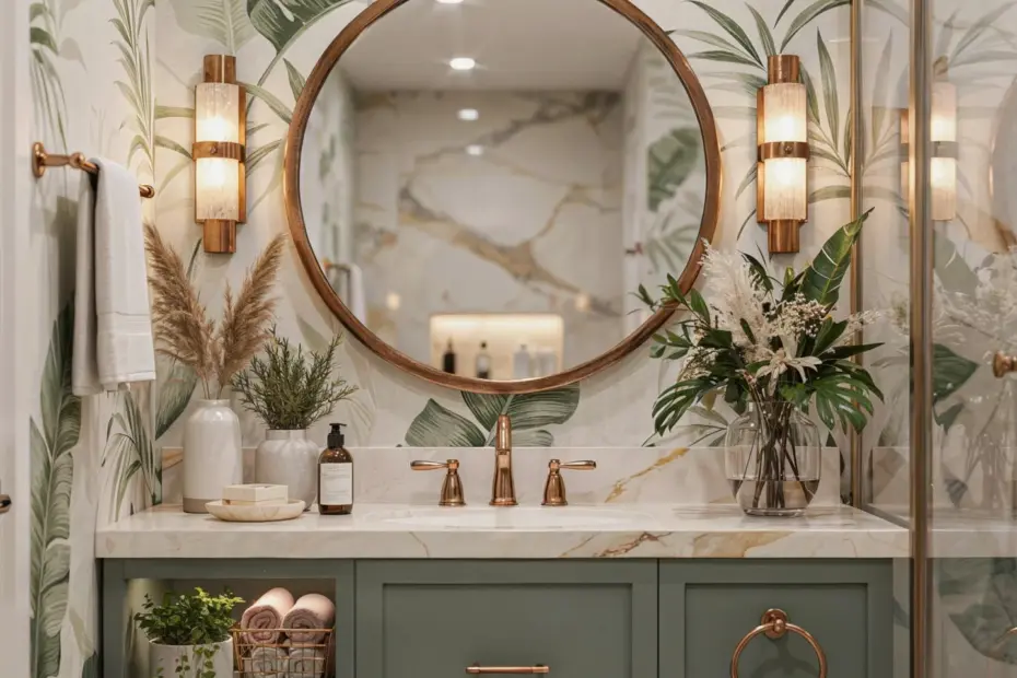 Green Bathroom with Copper Accents | 28 Modern Vintage Design Ideas | Copper Home Decor