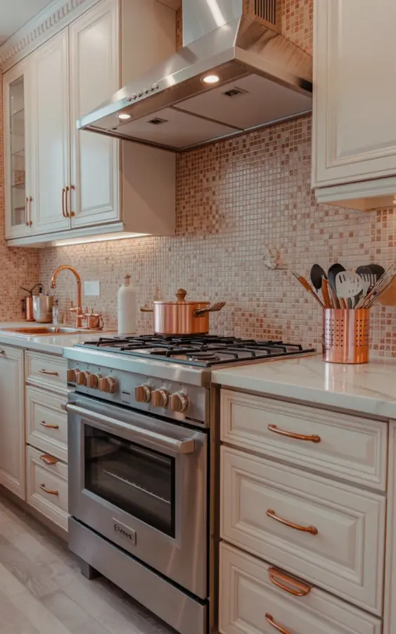 Hammered Copper Backsplash | Rose Gold and Cream Kitchen with Stainless Steel Range