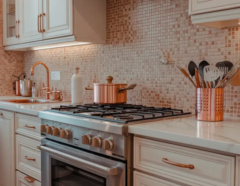 Hammered Copper Backsplash | Rose Gold and Cream Kitchen with Stainless Steel Range