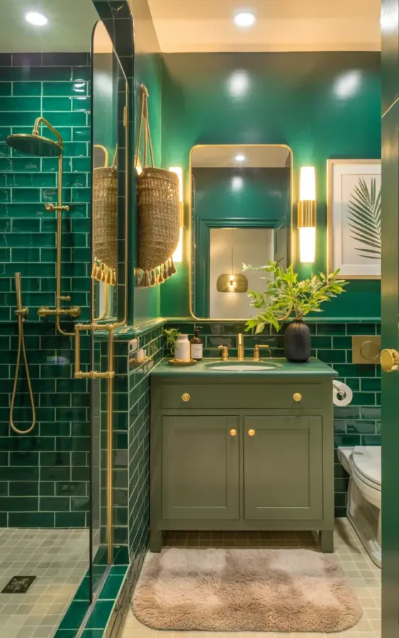 Copper Bathroom Lighting | Dimpled Glass Wall Sconce with Brass Finish for Green Tile Decor