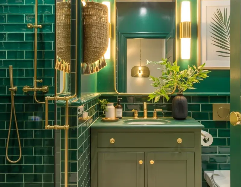 Copper Bathroom Lighting | Dimpled Glass Wall Sconce with Brass Finish for Green Tile Decor