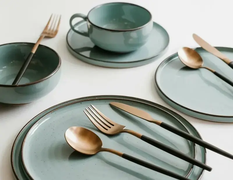 Sage Green Ceramic Dinnerware with Bronze Rim | Copper Kitchen Decor Set