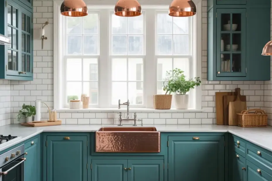 How to Design a Modern Farmhouse Kitchen with Teal Cabinets and Brass Hardware