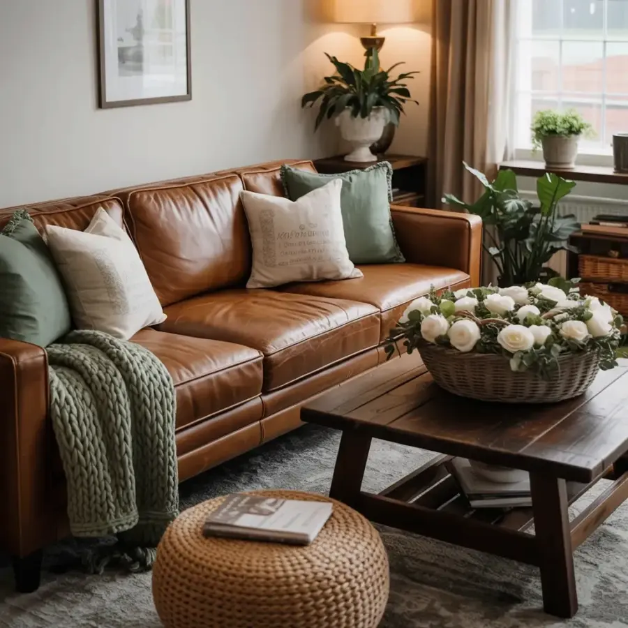 Cozy Living Room with Leather Couch and Sage Green Pillows + Spring Roses