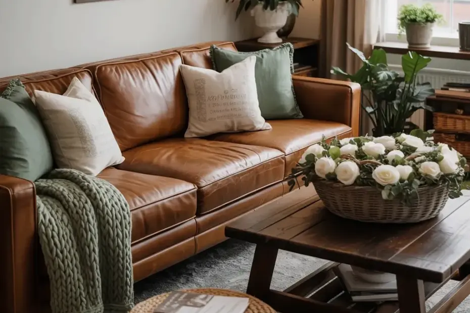 Cozy Living Room with Leather Couch and Sage Green Pillows + Spring Roses