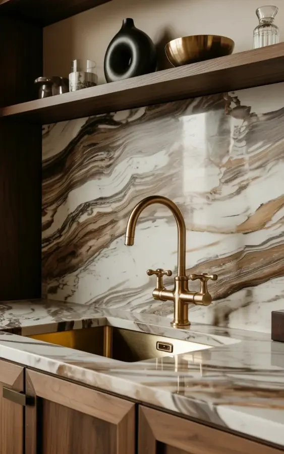 Kitchen sink transformation with marble backsplash and brass faucet - before and after