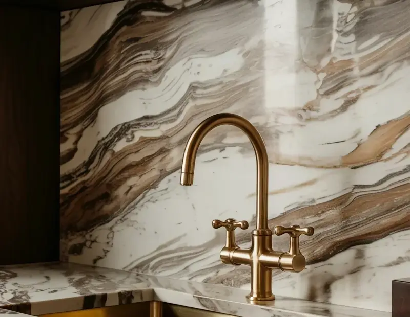 Kitchen sink transformation with marble backsplash and brass faucet - before and after