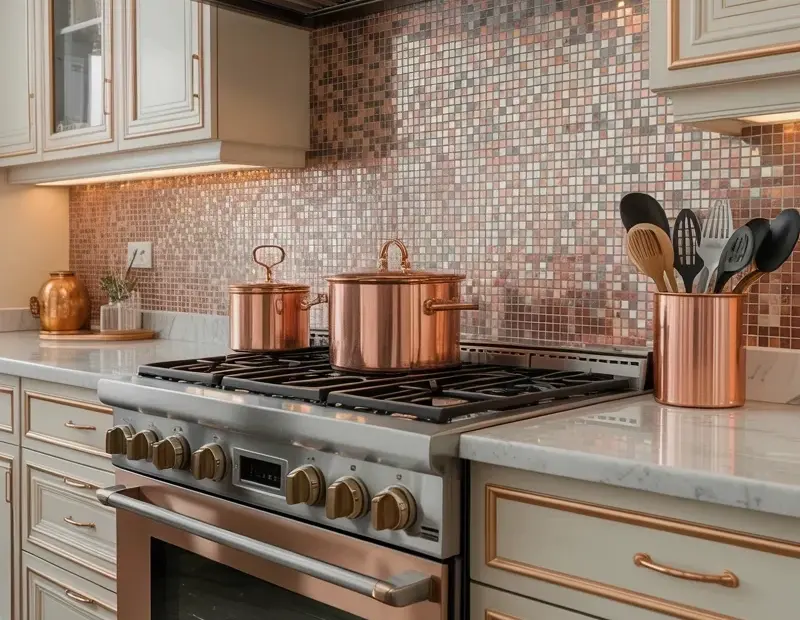 Copper Mosaic Tile Backsplash with Rose Gold Handles β Dreamy Modern Kitchen