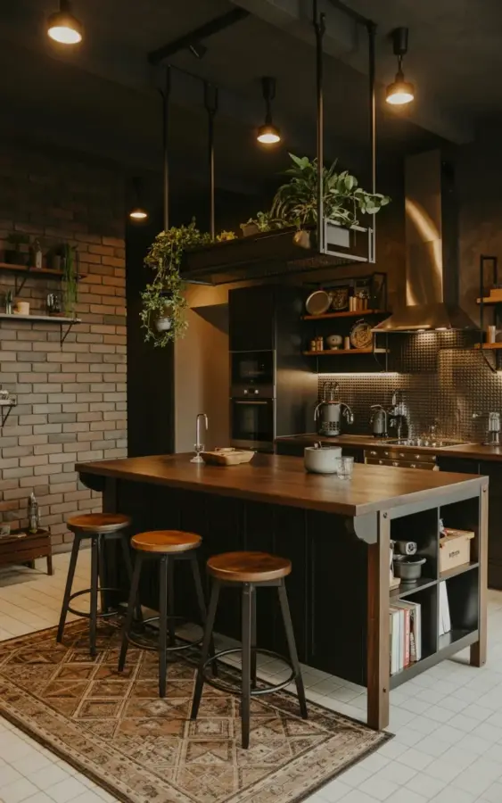 Modern Industrial Kitchen Ideas with a Cozy Rug and Hanging Plants | Dark Brick Wall