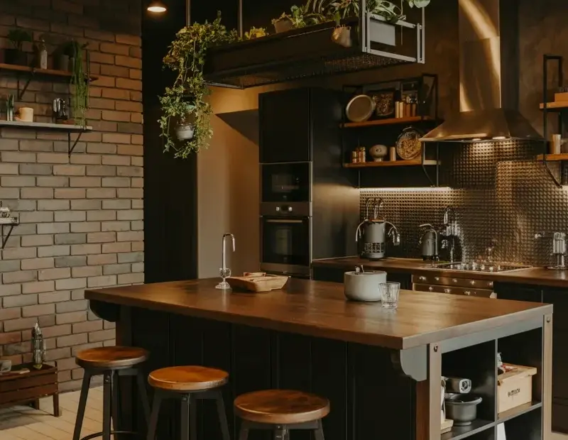 Modern Industrial Kitchen Ideas with a Cozy Rug and Hanging Plants | Dark Brick Wall