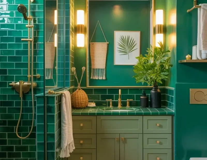 Emerald Green Subway Tile Bathroom with Sage Vanity & Brass Hardware