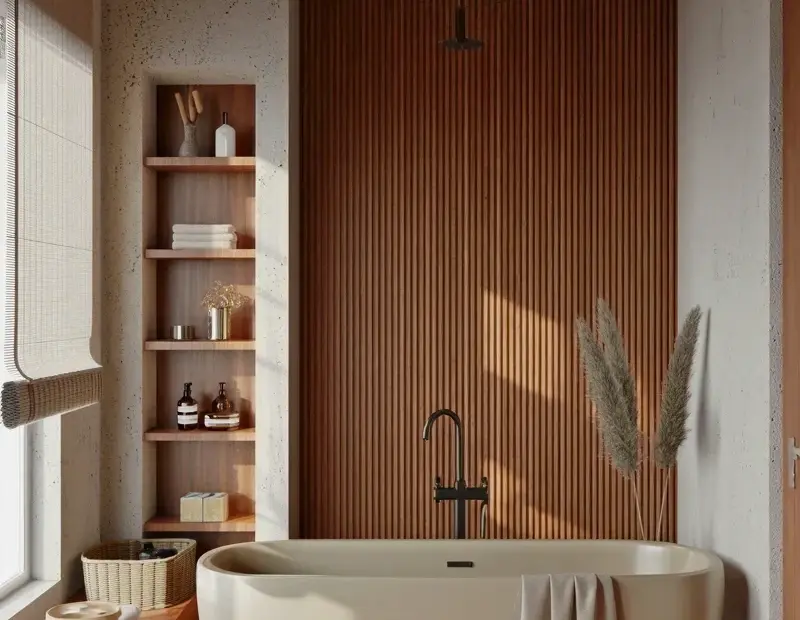 Vintage Copper Style Bathroom on a Budget with Wood Beams & Terracotta Tiles