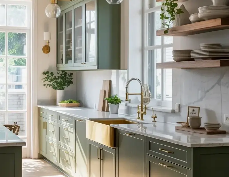 Modern Farmhouse Kitchen with Sage Green Cabinets and Brass Hardware