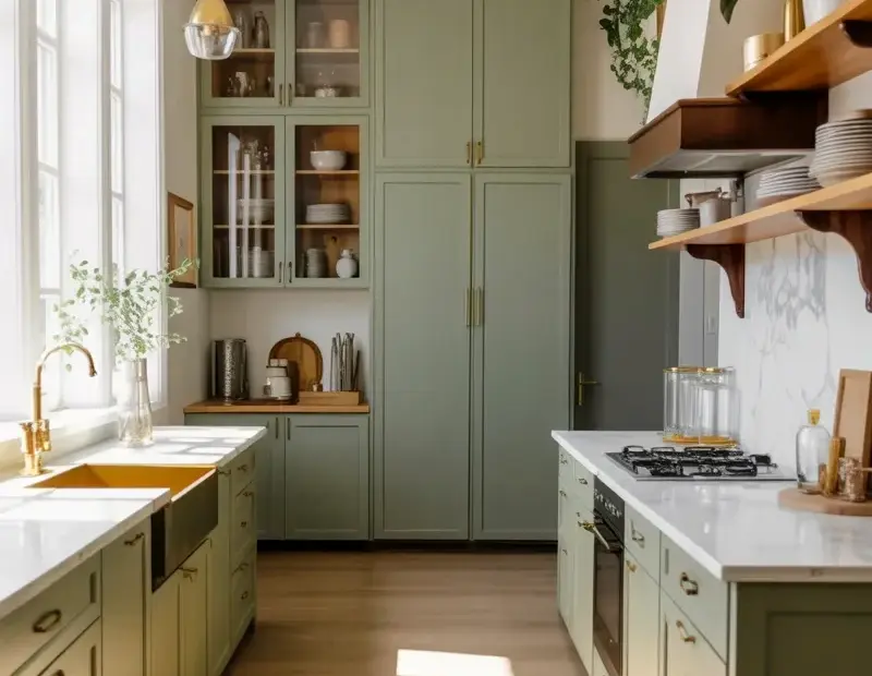 Modern Farmhouse Kitchen Makeover with Sage Green Cabinets & Brass Details