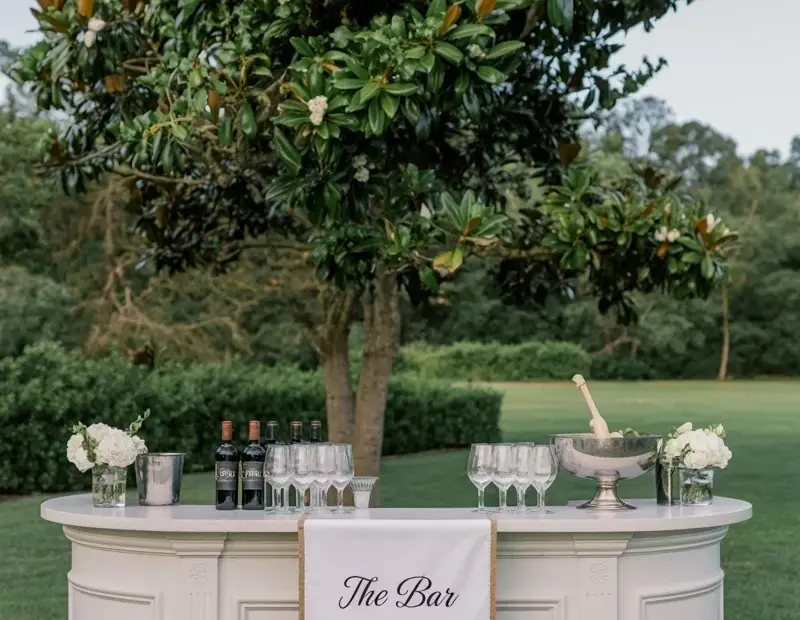 Wedding Color Palette Inspiration: White & Champagne Bar Setup on the Lawn