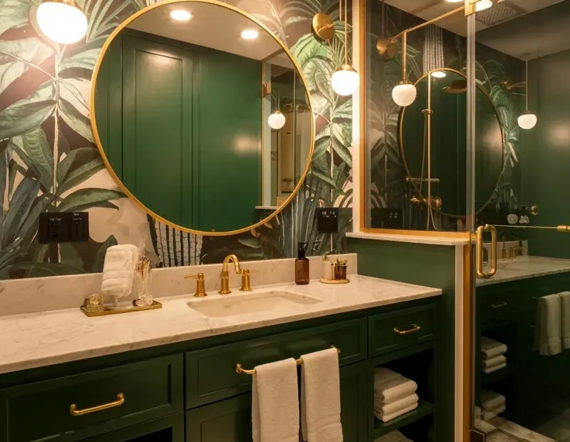 Bathroom Transformation: Dark Forest Green Vanity with Brass Hardware