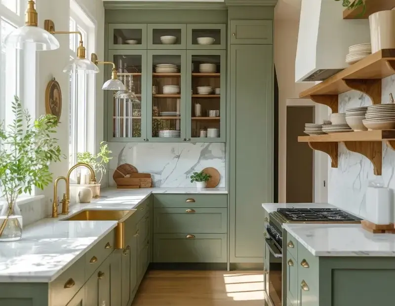 Sage Green Kitchen Cabinets with Brass Hardware | Modern Farmhouse Kitchen Inspiration